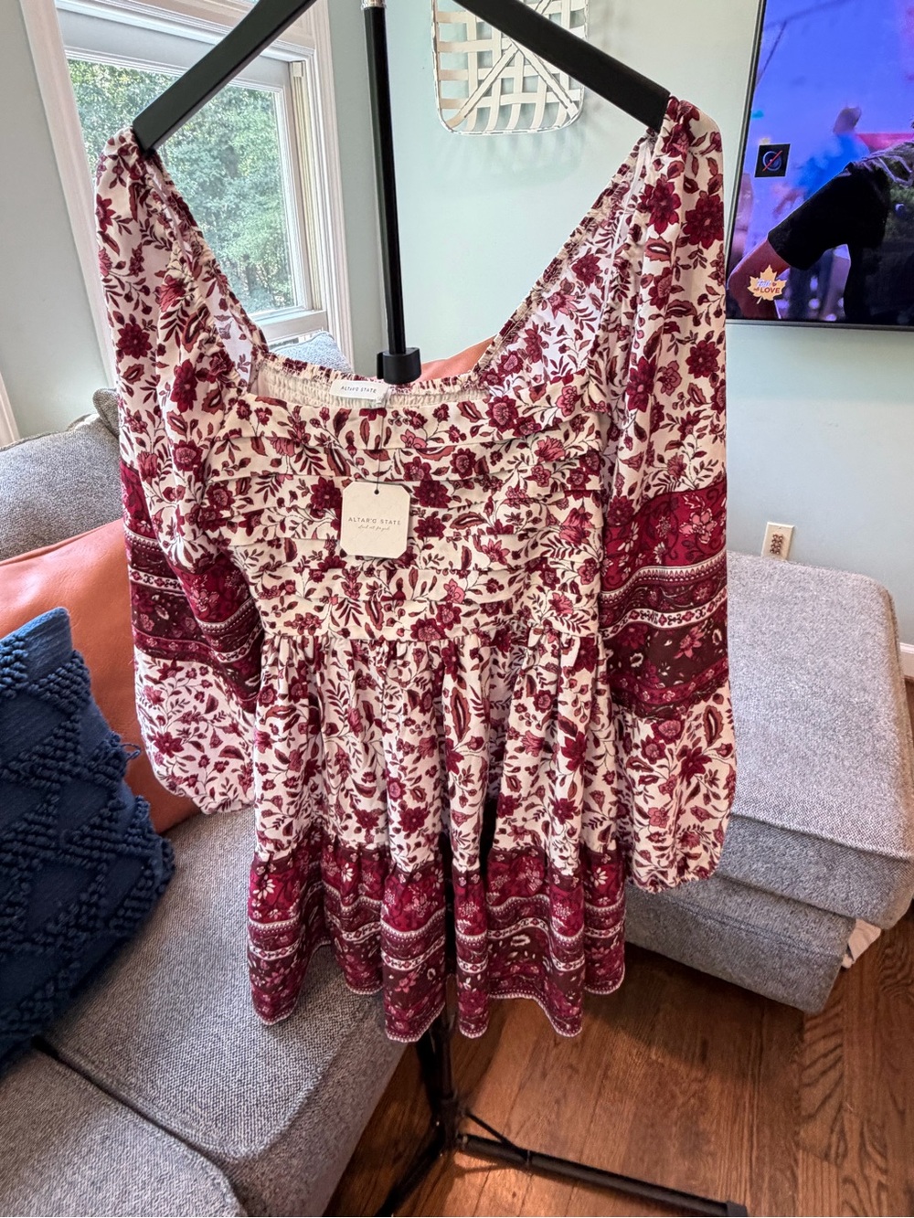 Altar'd State Burgundy and Cream Floral Boho Long Sleeve Dress